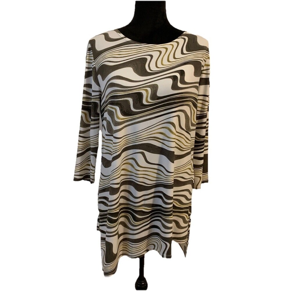Chicos Travelers Size 1 Top Womens Medium Tunic Off White Army Green